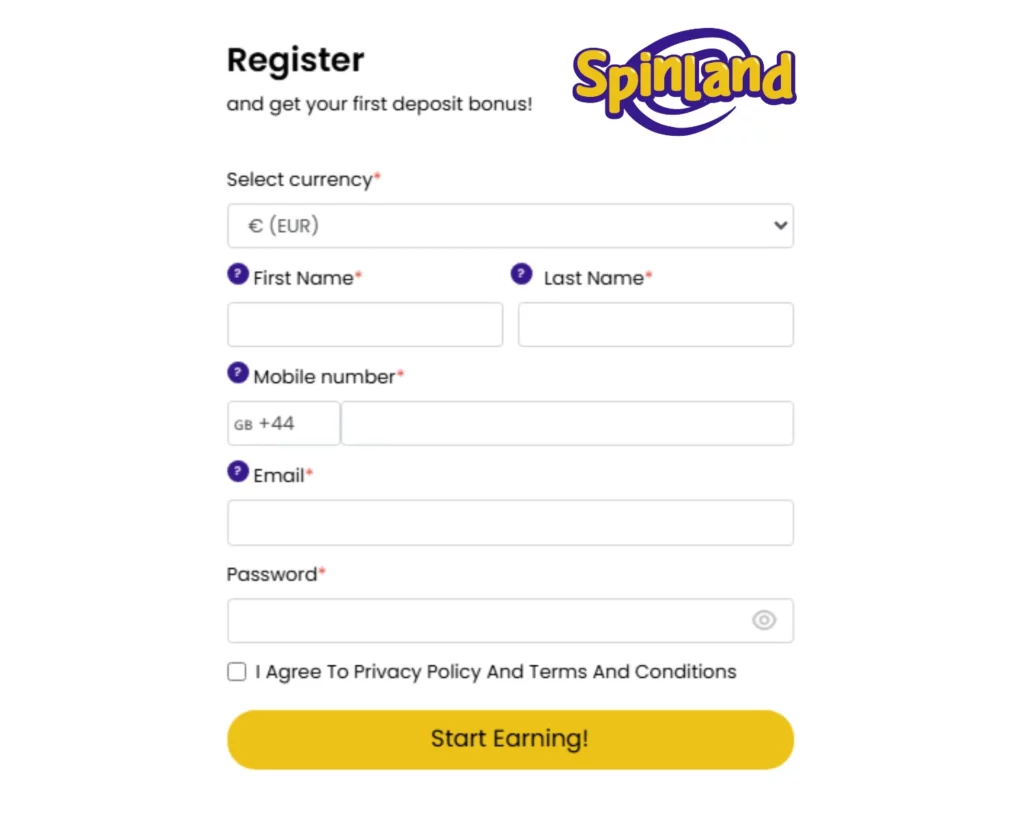 SpinLand casino registration form