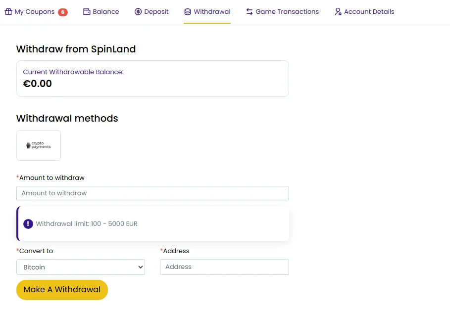 SpinLand casino withdrawal form