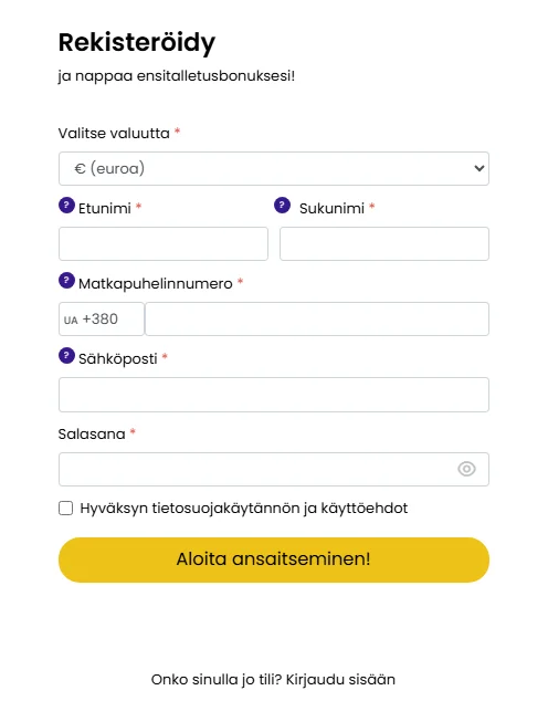 SpinLand-kasinon rekisteröintilomake